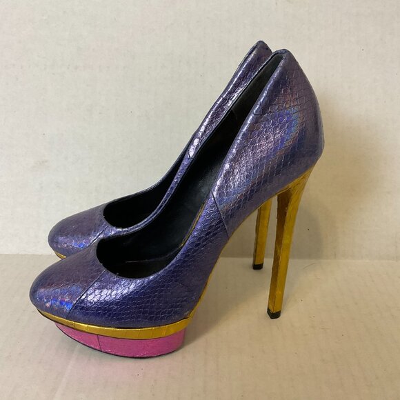 Brian Atwood Shoes - Brian Atwood Platform Stiletto Heels 6.5 Purple Gold Magenta Snakeskin Print
